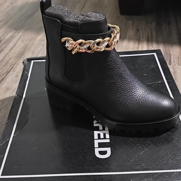 Karl Lagerfeld Paris Women's Pierson Lug Sole Chelsea Boot with Chain Embellishm - Picture 2 of 8